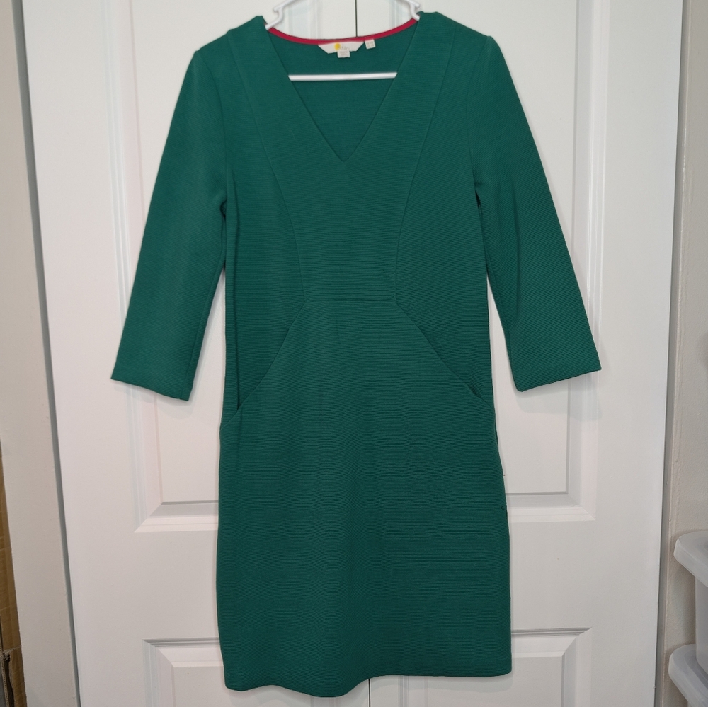 Boden Ottoline Ottoman Dress 6R Green Ribbed Knit V-Neck Pockets J0235